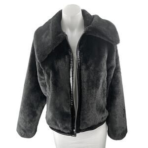 Anthropologie Maeve Black Faux Shearling Fur Full Zip Long Sleeve Coat Jacket XS